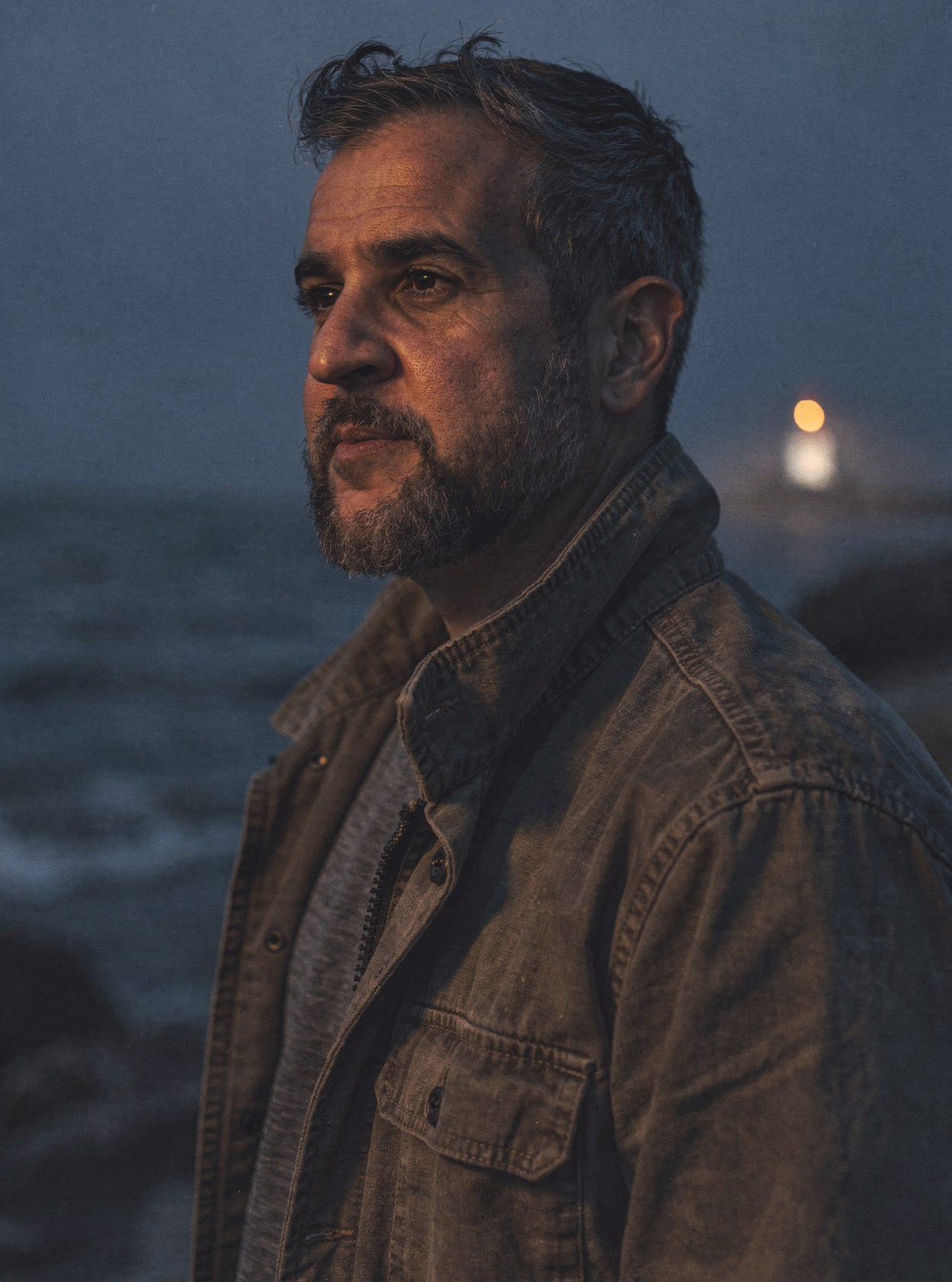 Portrait of Therion Thacker on the coast of Maine at dusk, lighthouse visible in the background